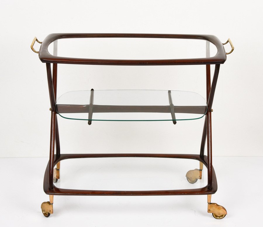 Mid-Century Italian Brass and Wood Oval Serivng Bar Cart by Cesare Lacca, 1950s