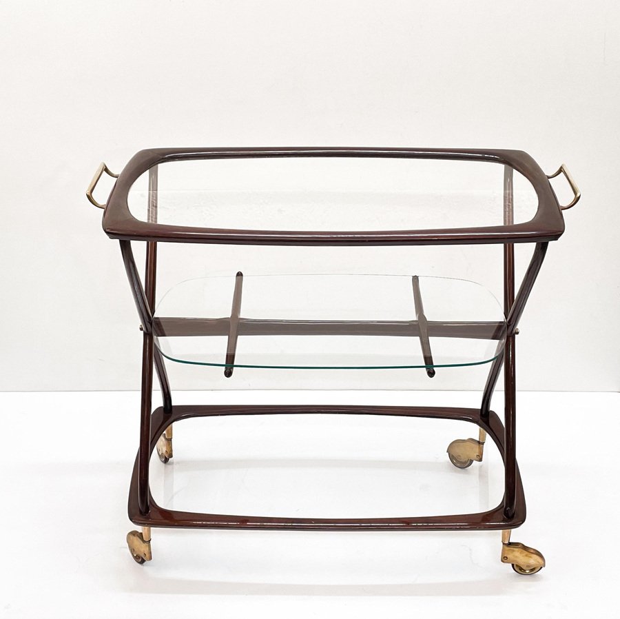 Mid-Century Italian Brass and Wood Oval Serivng Bar Cart by Cesare Lacca, 1950s