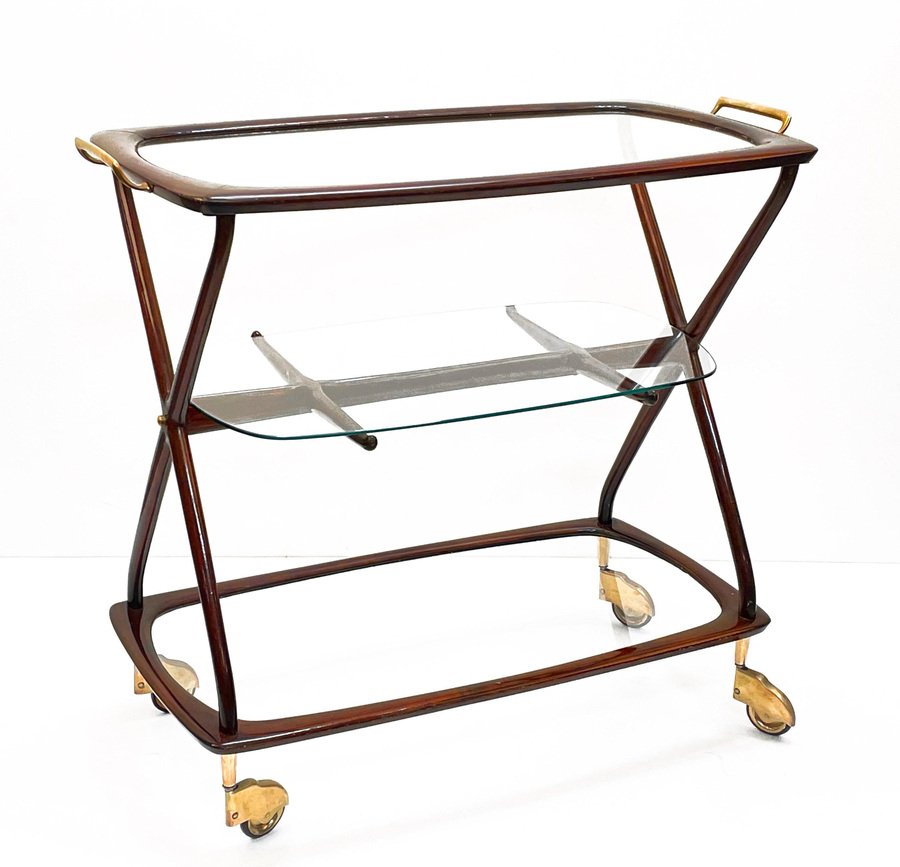 Mid-Century Italian Brass and Wood Oval Serivng Bar Cart by Cesare Lacca, 1950s