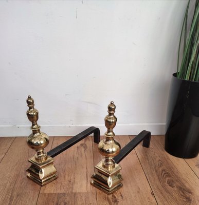 Mid-Century Italian Brass and Wrought Iron Andirons, Set of 2-EUP-1071618