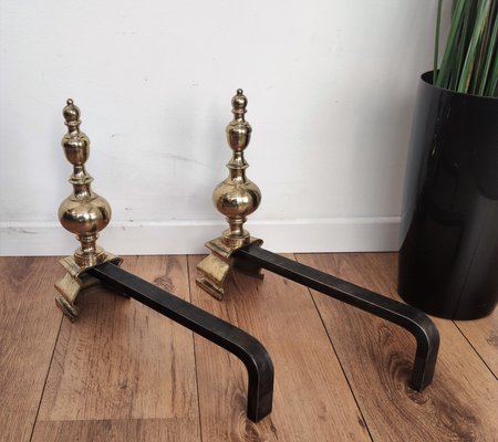 Mid-Century Italian Brass and Wrought Iron Andirons, Set of 2-EUP-1071618