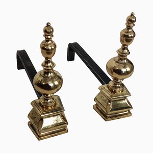 Mid-Century Italian Brass and Wrought Iron Andirons, Set of 2-EUP-1071618