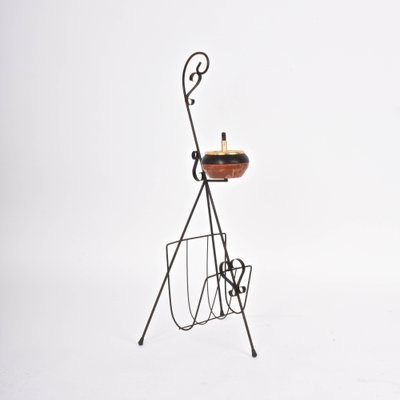 Mid-Century Italian Brass and Wrought Iron Magazine Rack with Ashtray, 1950s-JDR-1126136