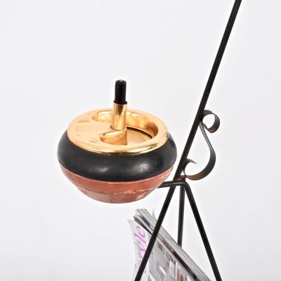 Mid-Century Italian Brass and Wrought Iron Magazine Rack with Ashtray, 1950s-JDR-1126136