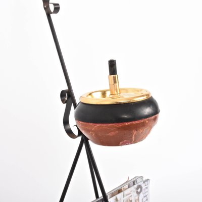 Mid-Century Italian Brass and Wrought Iron Magazine Rack with Ashtray, 1950s-JDR-1126136