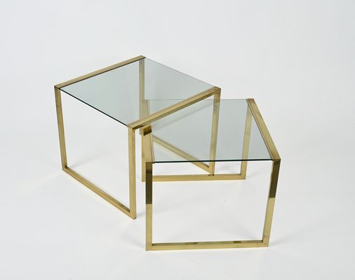 Mid-Century Italian Brass & Crystal Glass Nesting Tables, 1970s, Set of 2-JDR-1224086