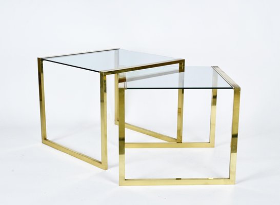 Mid-Century Italian Brass & Crystal Glass Nesting Tables, 1970s, Set of 2-JDR-1224086