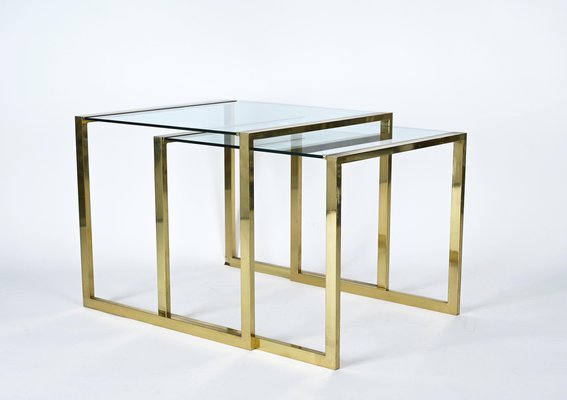 Mid-Century Italian Brass & Crystal Glass Nesting Tables, 1970s, Set of 2-JDR-1224086