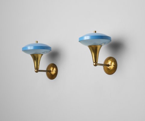 Mid-Century Italian Brass Sconces with Blue Lacquer and Frosted Glass, 1950s, Set of 2-KJ-2028306