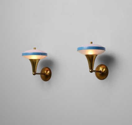 Mid-Century Italian Brass Sconces with Blue Lacquer and Frosted Glass, 1950s, Set of 2-KJ-2028306