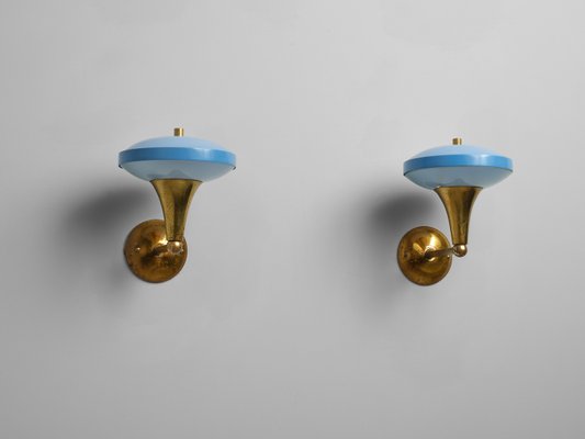 Mid-Century Italian Brass Sconces with Blue Lacquer and Frosted Glass, 1950s, Set of 2-KJ-2028306