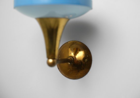 Mid-Century Italian Brass Sconces with Blue Lacquer and Frosted Glass, 1950s, Set of 2-KJ-2028306