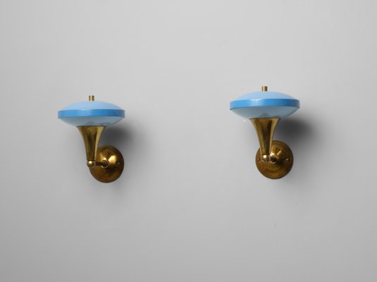 Mid-Century Italian Brass Sconces with Blue Lacquer and Frosted Glass, 1950s, Set of 2-KJ-2028306