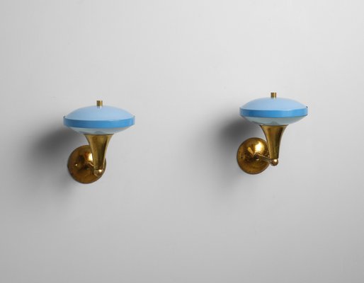 Mid-Century Italian Brass Sconces with Blue Lacquer and Frosted Glass, 1950s, Set of 2-KJ-2028306