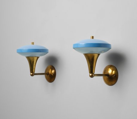 Mid-Century Italian Brass Sconces with Blue Lacquer and Frosted Glass, 1950s, Set of 2-KJ-2028306