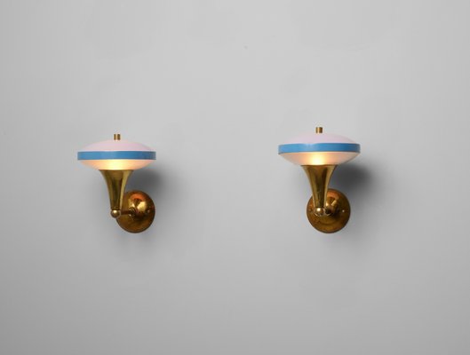 Mid-Century Italian Brass Sconces with Blue Lacquer and Frosted Glass, 1950s, Set of 2-KJ-2028306