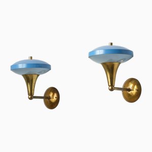 Mid-Century Italian Brass Sconces with Blue Lacquer and Frosted Glass, 1950s, Set of 2-KJ-2028306