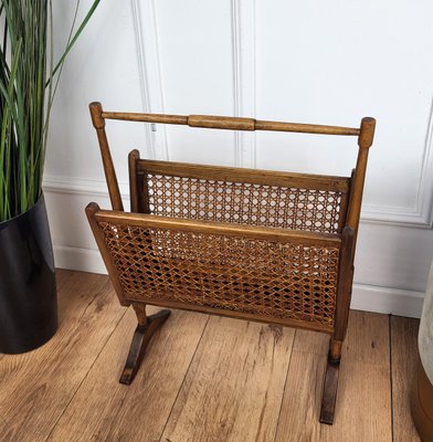 Mid-Century Italian Cane Rattan and Wood Magazine Rack, 1960s-EUP-1806556