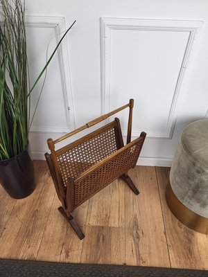 Mid-Century Italian Cane Rattan and Wood Magazine Rack, 1960s-EUP-1806556