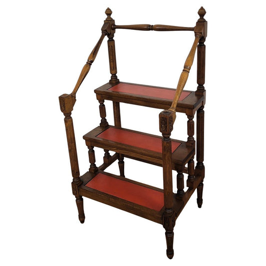 Mid-Century Italian Carved Walnut Wood and Leather 4-Step Library Ladder, 1950s