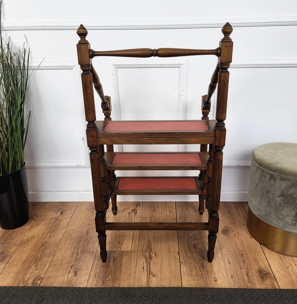 Mid-Century Italian Carved Walnut Wood and Leather 4-Step Library Ladder, 1950s