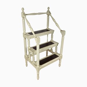 Mid-Century Italian Carved Walnut Wood and Leather 4-Step Library Ladder, 1950s-EUP-1746662