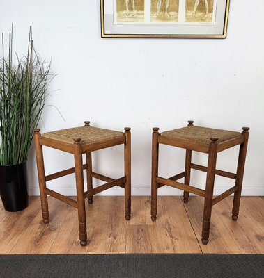 Mid-Century Italian Carved Wood and Cord Stools, 1960s, Set of 2-EUP-1287378