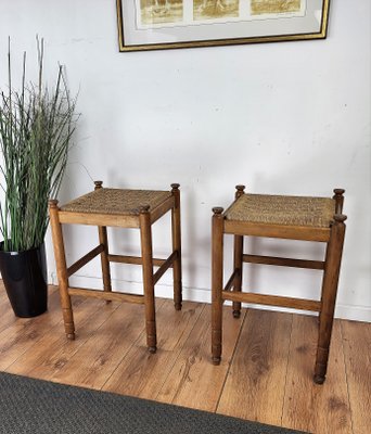 Mid-Century Italian Carved Wood and Cord Stools, 1960s, Set of 2-EUP-1287378