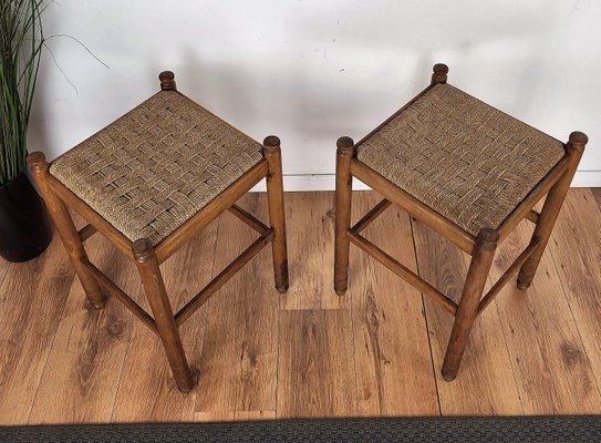 Mid-Century Italian Carved Wood and Cord Stools, 1960s, Set of 2-EUP-1287378