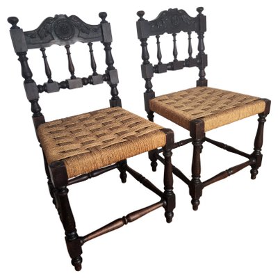 Mid-Century Italian Carved Wood & Cord Woven Rope Chairs, 1950s, Set of 2-EUP-1092718