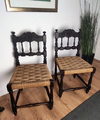 Mid-Century Italian Carved Wood & Cord Woven Rope Chairs, 1950s, Set of 2-EUP-1092718