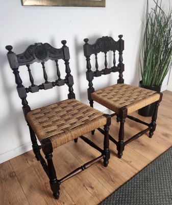 Mid-Century Italian Carved Wood & Cord Woven Rope Chairs, 1950s, Set of 2-EUP-1092718