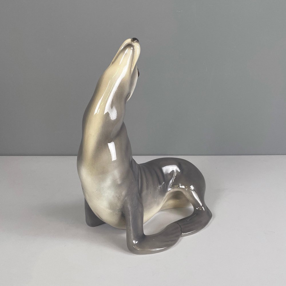 Mid-Century Italian Ceramic Sculpture of a Sea Lion by Urbano Zaccagnini, 1920s