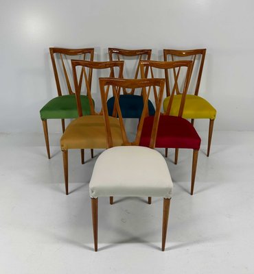 Mid-Century Italian Cherry Wood and Pastel Colored Chairs, 1950s, Set of 6-FF-2017478