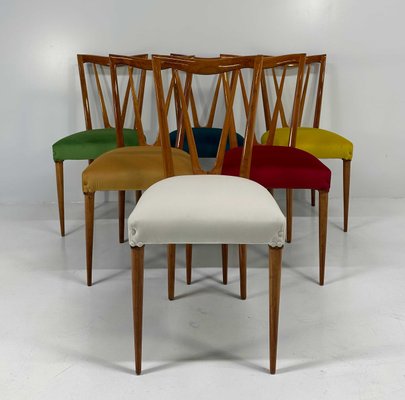 Mid-Century Italian Cherry Wood and Pastel Colored Chairs, 1950s, Set of 6-FF-2017478