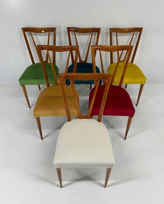 Mid-Century Italian Cherry Wood and Pastel Colored Chairs, 1950s, Set of 6-FF-2017478