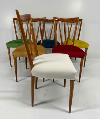 Mid-Century Italian Cherry Wood and Pastel Colored Chairs, 1950s, Set of 6-FF-2017478