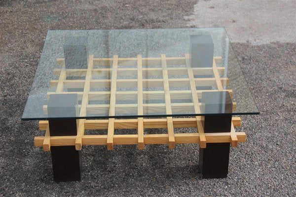 Mid-Century Italian Chestnut and Glass Coffee Table, 1970s-EH-540980