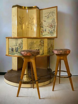 Mid-Century Italian Chinoiserie Cocktail Bar and Stools attributed to Osvaldo Borsani, 1970s, Set of 3-MBH-1817169