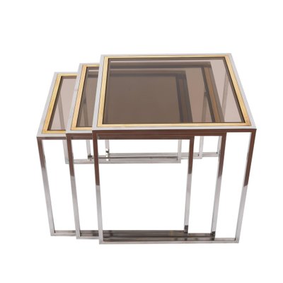 Mid-Century Italian Chrome, Brass and Smoked Glass Nesting Tables, 1970s, Set of 3-JDR-1126035