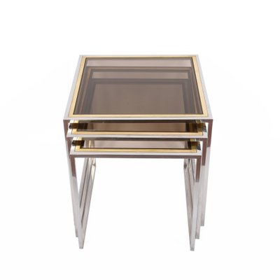 Mid-Century Italian Chrome, Brass and Smoked Glass Nesting Tables, 1970s, Set of 3-JDR-1126035