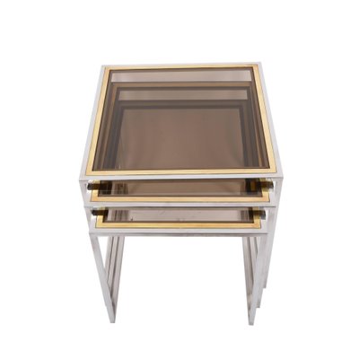 Mid-Century Italian Chrome, Brass and Smoked Glass Nesting Tables, 1970s, Set of 3-JDR-1126035