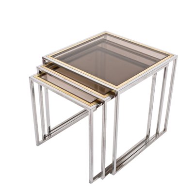 Mid-Century Italian Chrome, Brass and Smoked Glass Nesting Tables, 1970s, Set of 3-JDR-1126035