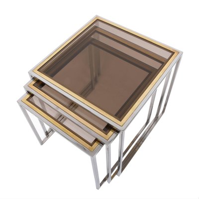 Mid-Century Italian Chrome, Brass and Smoked Glass Nesting Tables, 1970s, Set of 3-JDR-1126035