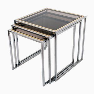 Mid-Century Italian Chrome, Brass and Smoked Glass Nesting Tables, 1970s, Set of 3-JDR-1126035