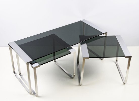 Mid-Century Italian Chromed Metal, Aluminum, Smoked Glass Nesting Tables, 1970s, Set of 3-JDR-1125649