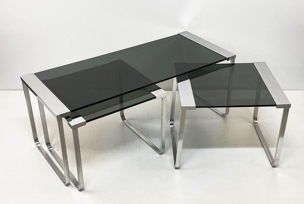 Mid-Century Italian Chromed Metal, Aluminum, Smoked Glass Nesting Tables, 1970s, Set of 3-JDR-1125649