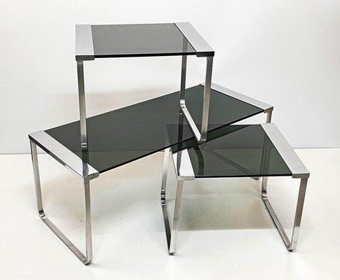 Mid-Century Italian Chromed Metal, Aluminum, Smoked Glass Nesting Tables, 1970s, Set of 3-JDR-1125649