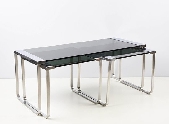 Mid-Century Italian Chromed Metal, Aluminum, Smoked Glass Nesting Tables, 1970s, Set of 3-JDR-1125649