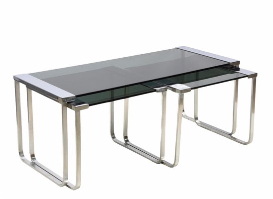 Mid-Century Italian Chromed Metal, Aluminum, Smoked Glass Nesting Tables, 1970s, Set of 3-JDR-1125649